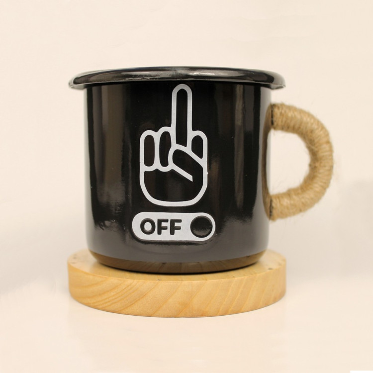 Эмалированная чашка с принтом "Fuck Off", черная