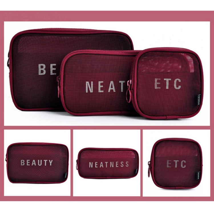Набір косметичок для подорожей "Neatness. Beauty. Etc." бордового кольору