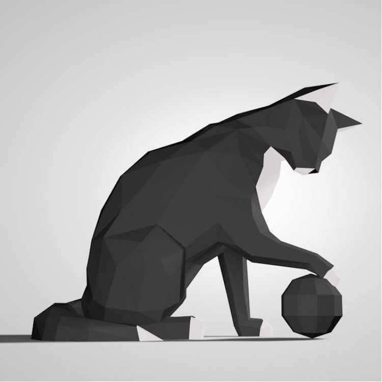 Полігональна модель для самостійного збирання з паперу "Кіт з м'ячиком"