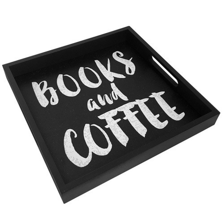 Деревянный поднос с принтом "Books and coffee"