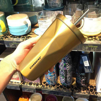 Стакан Starbucks с крышкой и трубочкой (золото)-foto3